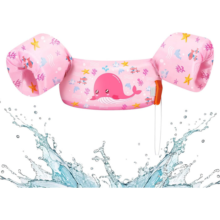 HeySplash Дитячі надувні рукавики для плавання, жилет для дітей 9-22 кг, рожевий кит. Безпечні рукавики та жилет для навчання плаванню.