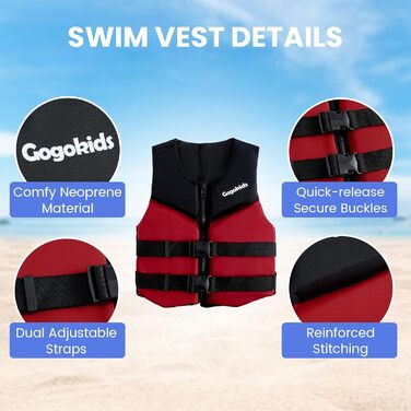 Дитяча жилетка для плавання Gogokids Junior 30-50 кг, червона. Neopren жилет для підлітків та дітей 6-11 років, для каякінгу, SUP та басейну.