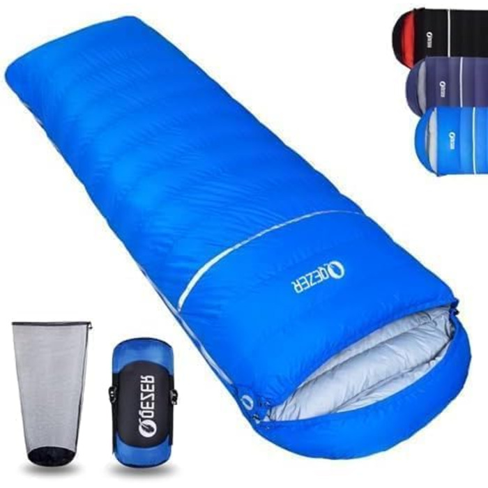 Сплячий мішок пуховий, 4-сезонний, зимовий -3°C до -20°C. Підходить для кемпінгу, походів та відпочинку на природі для дорослих та дітей. Чорний та блакитний кольори.