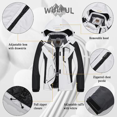 Жіноча водонепроникна куртка WULFUL для сноубордингу та катання на лижах, зимова куртка з відстібаною капюшоном, білий та чорний колір