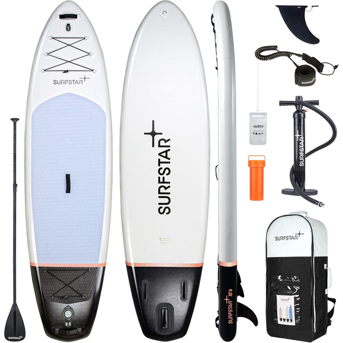 Надувний SUP Борд Surfstar з тримачем для камери, 320x84x15 см - Комплект для підлітків та дорослих з аксесуарами. Білий, алюмінієве весло