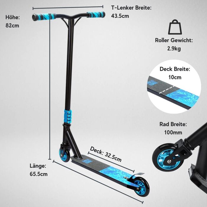 Трюковий самокат BOLDCUBE Deluxe Stunt Roller Black Fire з підшипниками ABEC 9 для дітей, підлітків та дорослих (6+ років)