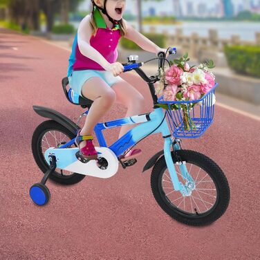 Дитяче велосипед 14 дюймів для хлопчиків та дівчаток з додатковими колесами та кошиком, від 3 років, з двома гальмами, регульоване кермо та сидіння (блакитний)