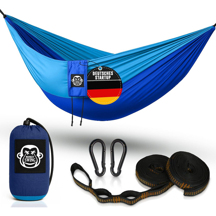 Гамак туристичний Monkey Swing ультралегкий з карабіном та стропами (до 300 кг) – 275 x 140 см, для кемпінгу, трекінгу та подорожей (зелений/хакі, блакитний)