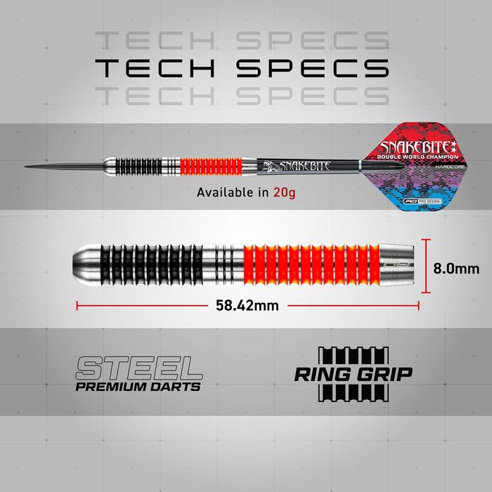Дарти RED DRAGON Game On Professional Player Series Stahlspitze (Snakebite) - набір професійних сталевих дартсів з оперенням та дротиками