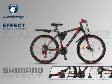 Гірський велосипед Licorne Bike Effect Premium, алюмінієвий, 21 швидкість, дискові гальма, для хлопців та дівчат, 26 дюймів, чорний/помаранчевий
