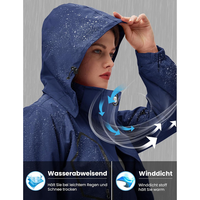 Жіноча зимова куртка 3-в-1 з флісовою підкладкою та водонепроникною вітрозахисною курткою, знімний капюшон (Синій, XXL)