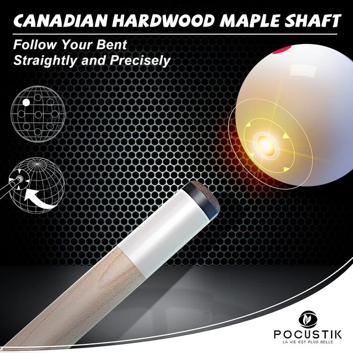 Набір більярдних київ POCUSTIK (2 шт.), 58'' - набір для дорослих, ергономічні киї для більяру, для дому, з канадського клена, чорний/червоний