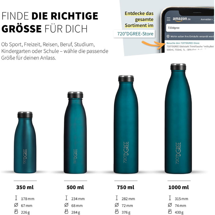 Термос-пляшка 720°DGREE MilkyBottle, 750 мл, нержавіюча сталь, без BPA, з герметичним закриттям, для газованих напоїв, спорту, університету, школи, фітнесу, відпочинку на природі, кемпінгу, колір: смарагдово-зелений