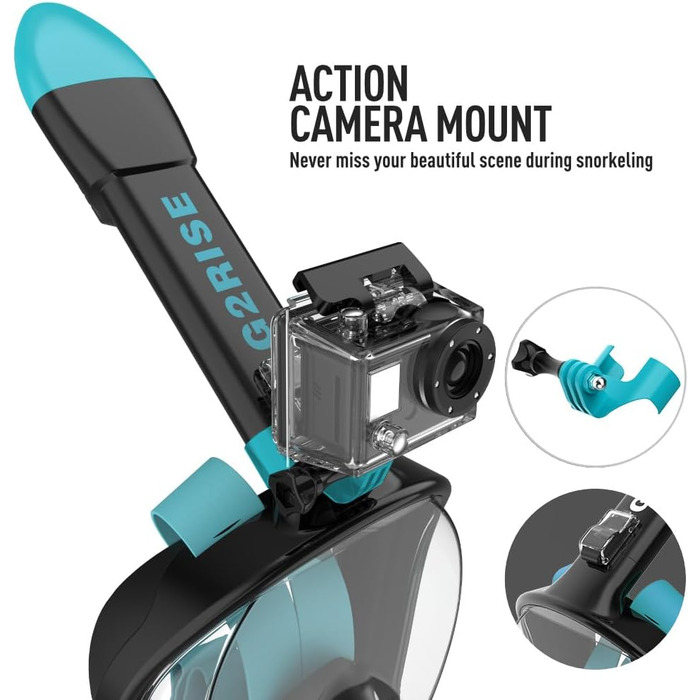 Маска для снорклінгу G2RISE® з трубкою, складна, CO2-безпечна, повна маска з кріпленням для камери, для дітей та дорослих (XS, чорно-зелена)