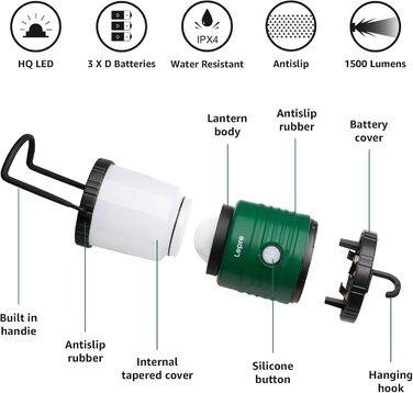 LED кемпінговий ліхтар Lepro, акумуляторний, 1500 люмен, 4 режими, світлодіодний, зелений