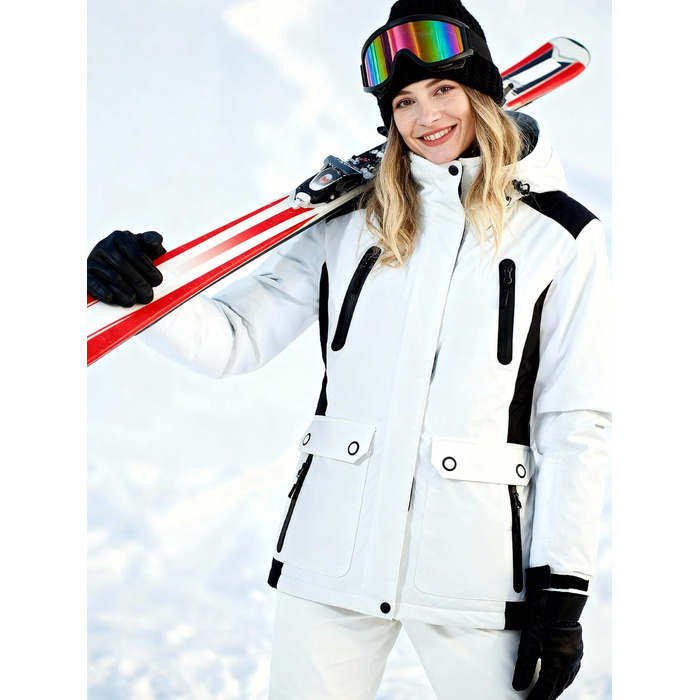 Водонепроникна зимова куртка FREE SODIER для жінок з флісовою підкладкою та капюшоном. Велика жіноча куртка з водонепроникним покриттям, зварні шви, Ginger Yeow (XXL, білий, чорний)