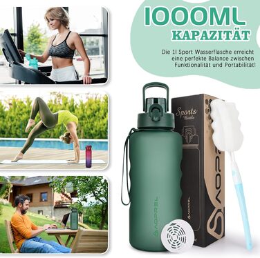 Спортивна пляшка для води AOPREL 1.5L з фільтром, Tritan BPA-free, герметична пляшка для фітнесу, походів, школи та офісу (Зелена)