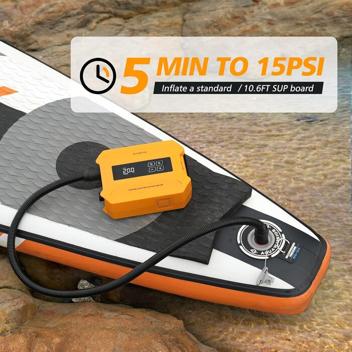 Електричний насос для SUP-дошки dwndpump 20 PSI: інтелектуальний двоступеневий компресор для надування та здування, портативний акумуляторний насос для сапбордів, човнів та кемпінгових наметів, помаранчевий