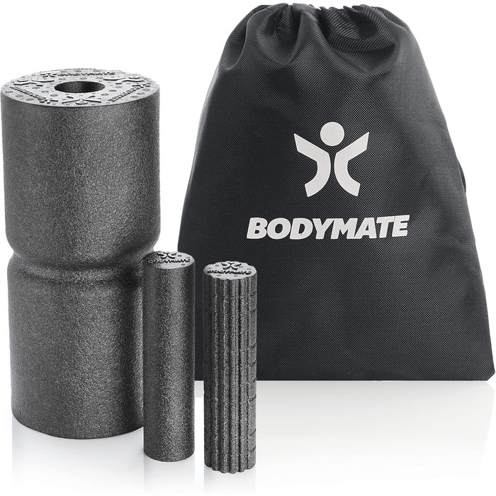 Набір для масажу BODYMATE CARE CORE: ролик для фасцій 35x14 см середньої жорсткості з канавкою, дві малі ролики 20x4,5 см (гладка та з виступами), чорний + електронна книга