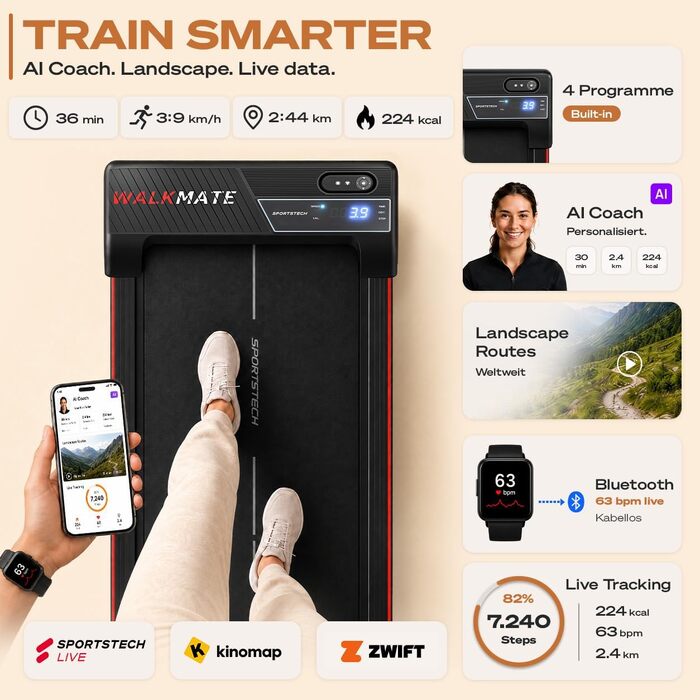 Бігова доріжка Sportstech WalkMate для дому та офісу з нахилом до 5%, швидкість 1-6 км/год, компактна, до 120 кг