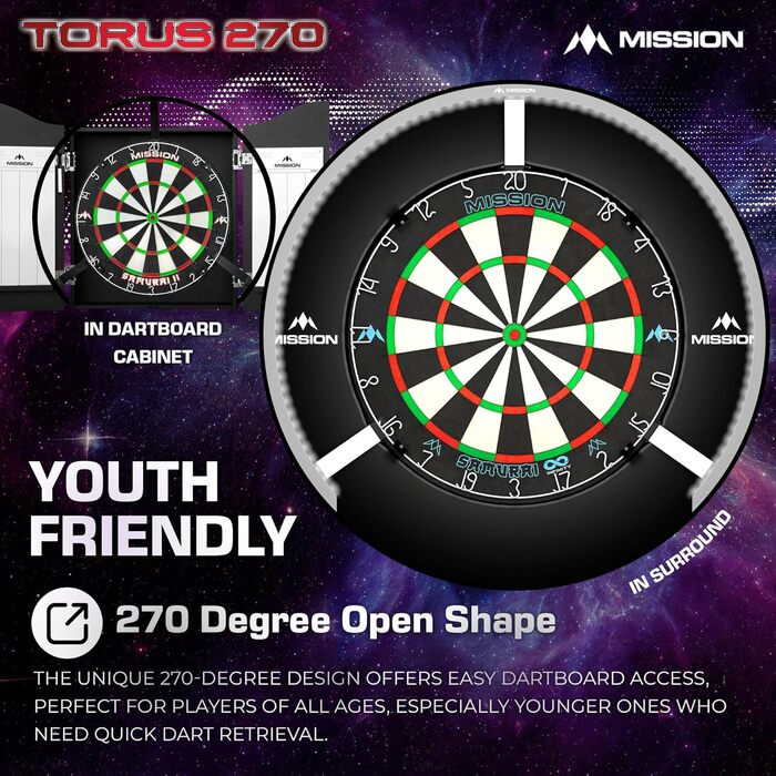 Світлодіодне підсвічування для дартс Mission Darts Torus 270, доступ до ігрової зони, матове чорне, червоне, синє, бронзове