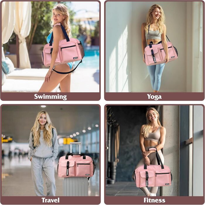 Спортивна сумка для жінок та чоловіків з відділенням для взуття та вологих речей, водонепроникна сумка-вікенд для тренувань, залу, плавання та сауни (рожева)