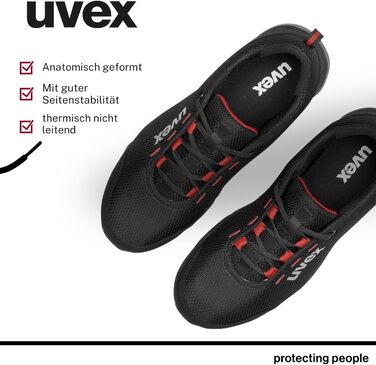Робоче взуття Uvex 1 Dynam-x S1 PL - легке, дихаюче, металозахисту немає, ESD, антиковзаюче, чорно-червоне, розмір 40 EU, для чоловіків та жінок, веганський, ширина 11