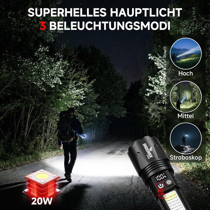 Ліхтарик тактичний Shadowhawk 2 шт. LED акумуляторний, 7 режимів, USB-C/A, COB, магніт, LCD-дисплей - чорний