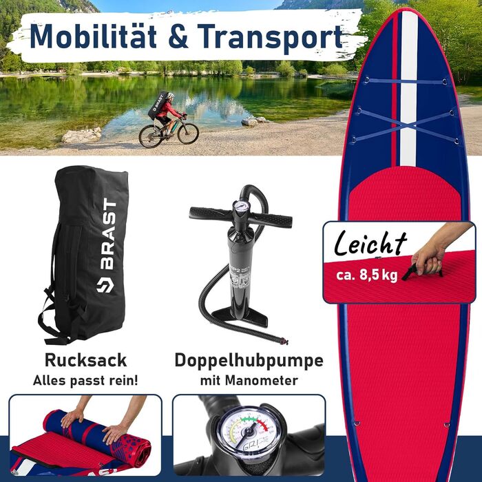 SUP Board BRAST Shark надувний, 320x81x15 см, комплект: весло, сидіння для каяка, тримач для камери, насос, рюкзак, блакитний