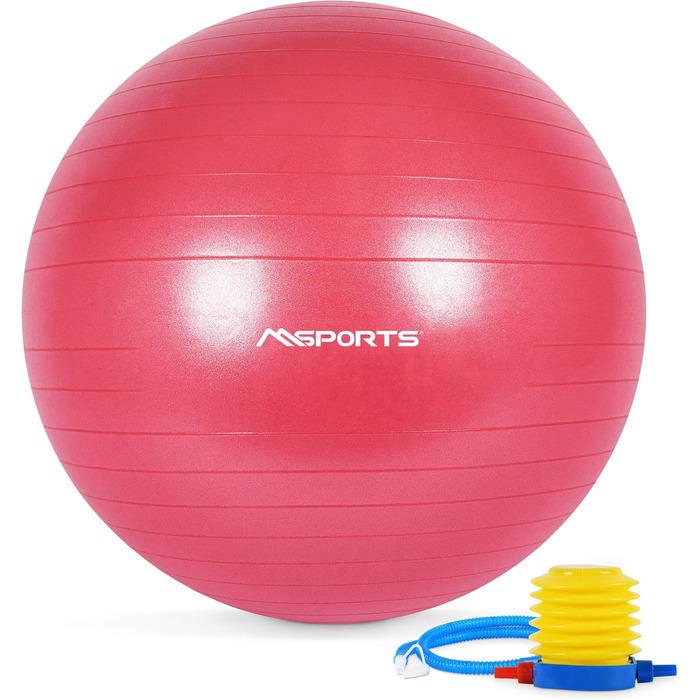 Гімнастичний м'яч MSPORTS Premium Anti Burst 65 см бордовий з насосом, додатком для тренувань та постером вправ
