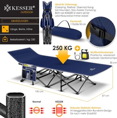 Кемпінгове ліжко KESSER®: стабільне розкладне ліжко для відпочинку на природі з сумкою, ліхтарем та кишенею. Максимальне навантаження 250 кг, матеріал: метал, оксфорд 600D, колір: темно-синій, розмір: 190 см