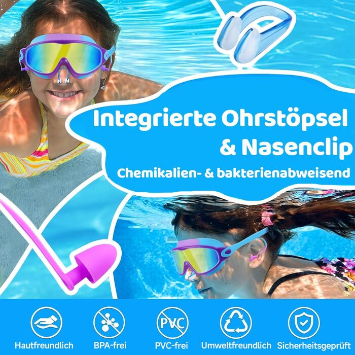 Дитячі окуляри для плавання Vvinca з носовими затискачами, широким кутом огляду, захистом від запотівання та УФ-фільтром, водонепроникні, для дітей 3-14 років (хлопчики та дівчатка)