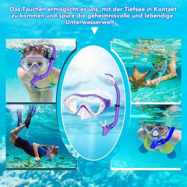 Набір для снорклінгу для дітей з ластами, маска з панорамним оглядом 180°, регульовані ласти, високоякісна маска та сухий снорклінг для плавання (фіолетовий)