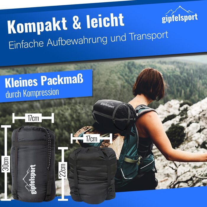 Сплячий мішок Gipfelsport Ultraleicht 4 сезони [-20°C - 15°C] | Ultralight, -5°C, для кемпінгу, трекінгу та подорожей (синій/чорний)