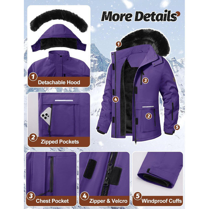 Водонепроникна зимова куртка Voqeen для сноубордингу та лижного спорту з флісовою підкладкою, відстібається капюшон, фіолетовий (L)