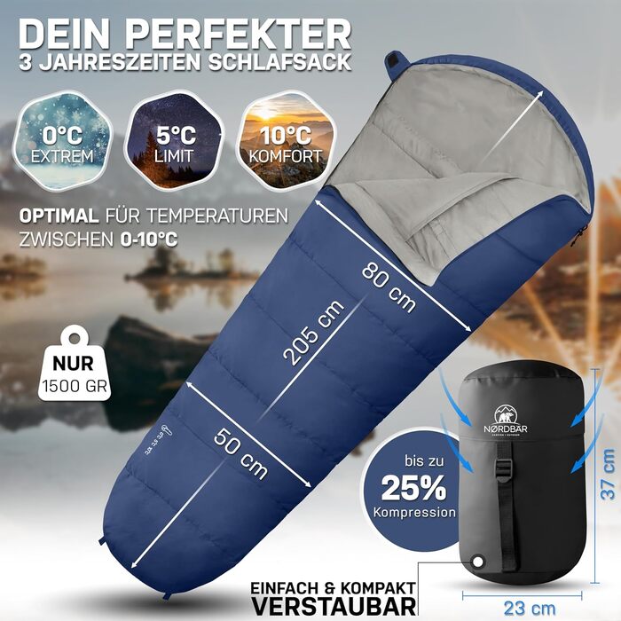 Спальник NORDBÄR® 3 сезони/літо ультралегкий 750г/1500г - похідний, кокон, компактний (100GSM/300GMS) блакитний