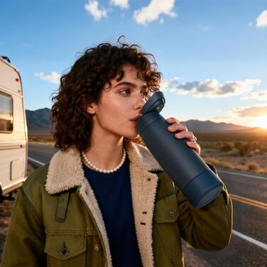 Спортивна пляшка для води Fjbottle з нержавіючої сталі 1000 мл, синя — з кнопкою відкриття, силіконовим дном та щіткою для чищення