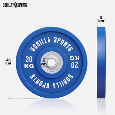 Бамперні диски GORILLA SPORTS 20 кг, 50 мм, гумові, для штанги, олімпійські вагові плити