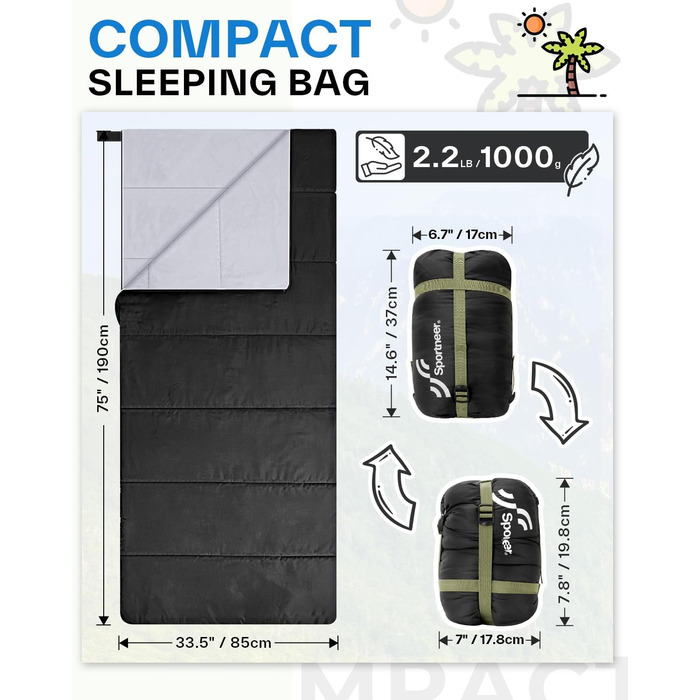 Сплячий мішок Sportneer 190x85 см: літній, легкий, водонепроникний, для кемпінгу, походів, подорожей, чорний
