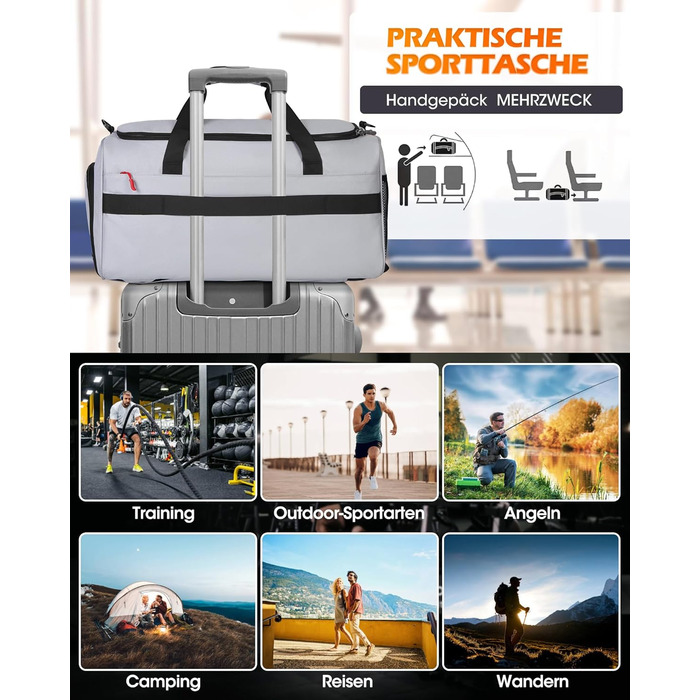 Спортивна сумка RAINSMORE 3 в 1 для чоловіків 45L: рюкзак, сумка-переноска, з відділенням для взуття, ноутбука та мокрого одягу (сіра)