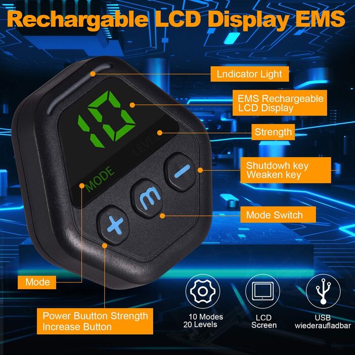 EMS тренажер для пресу UIHOL, електростимулятор м'язів з LCD, USB акумулятор, 10 режимів, 20 рівнів інтенсивності, для жінок і чоловіків, синій