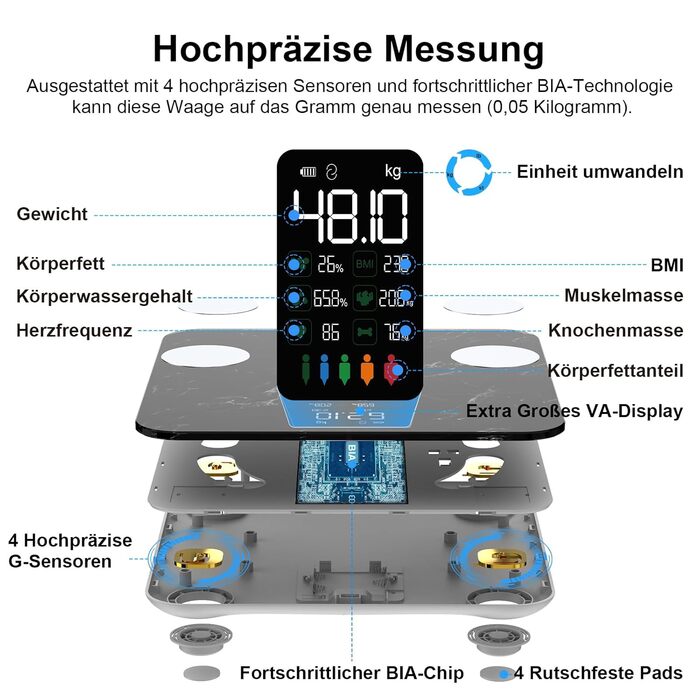 Вага тіла з аналізом складу тіла, персональна вага, Smart вага з APP, великий дисплей, чорний мармур