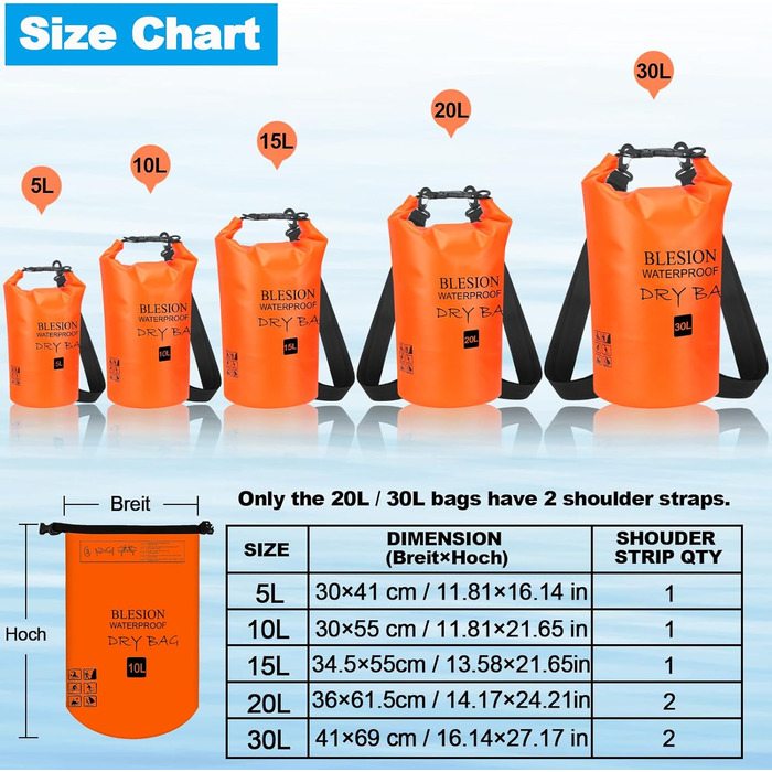Водонепроникний мішок Dry Bag 5L/15L/20L/30L з регульованим плечовим ременем - рюкзак для каякінгу, риболовлі, плавання, піших прогулянок та подорожей (Оранжевий, 20L)