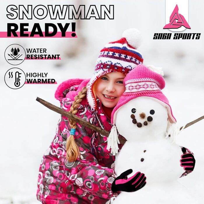 Водонепроникні дитячі рукавички для велосипеда, рукавички для дівчаток та хлопчиків, рукавички з сенсорним екраном для дітей 4-12 років, неслизькі та теплі, спортивні рукавички Softshell розмір Medium [6-8] рожеві