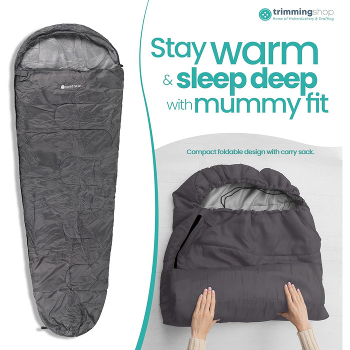 Спальний мішок Mumienschlafsack для дорослих - легкий, компактний, водонепроникний, з капюшоном, 220x85 см - теплий, пральний, для кемпінгу, піших прогулянок, подорожей (сірий)