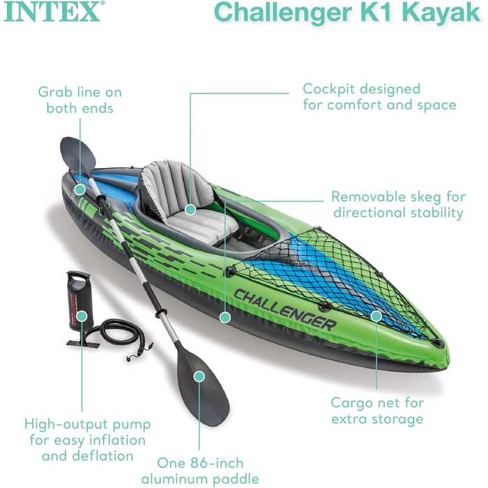 Надувне каяк Intex Challenger K1: безпечний та зручний для відпочинку, 274 x 76 x 33 см, зелено-блакитний, комплект з веслом та насосом