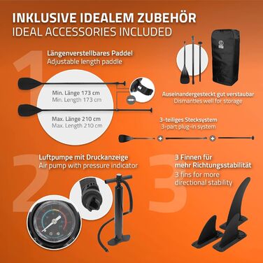 Надувна SUP-дошка ECD Germany Makani 305/308/320/380 см, PVC, до 120/150 кг, товщина 10/15 см, з каяк-сидінням, комплект із сумкою, веслом, для серфінгу та веслування, помаранчева