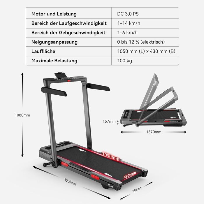Біговий тренажер JASPORT H з нахилом 12°, 2-в-1 Walking Pad до 14 км/год, двигун 3.0HP, 18 програм, сенсорний та пульт дистанційного керування, Dual LED, складний 157 мм, Bluetooth App Zwift/Kinomap, для дому та офісу (GL3H)