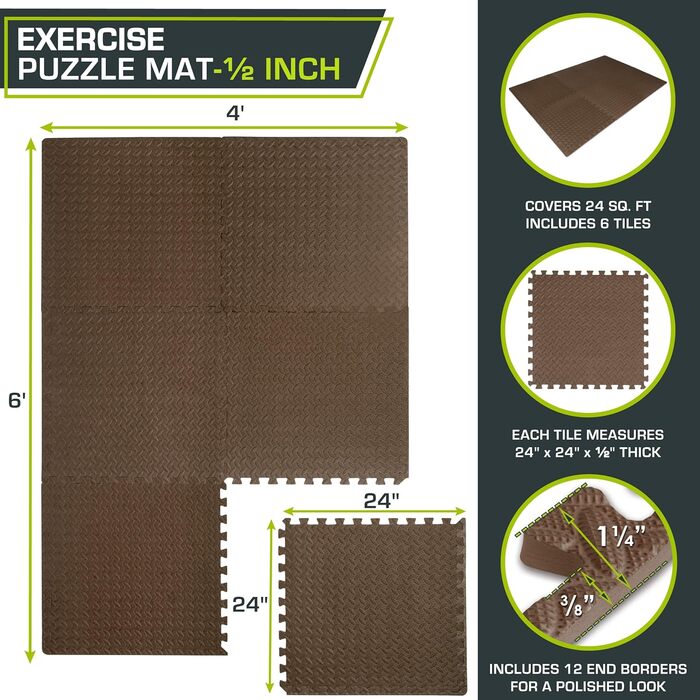Підлоговий килимок ProsourceFit Puzzle 1,2 см, EVA-піна, модульні плитки для домашнього спортзалу, фітнесу, захисту підлоги, дитячий ігровий килим, коричневий, 60x60 см, 6 шт, 2,2 м²