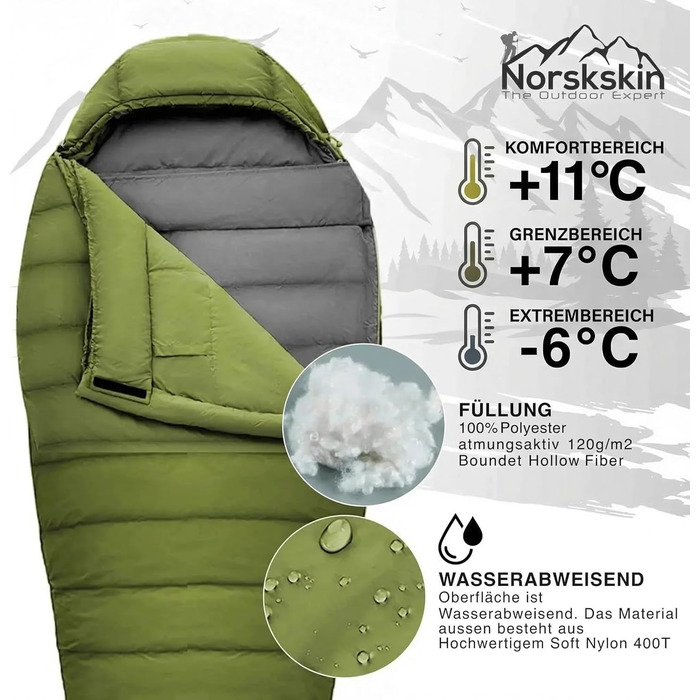 Спальний мішок Mumienschlafsack Norskskin Ultralight 205 Grün - екстремальний (-6°C), з'єднуваний, з кишенею для подушки, правий блискавка