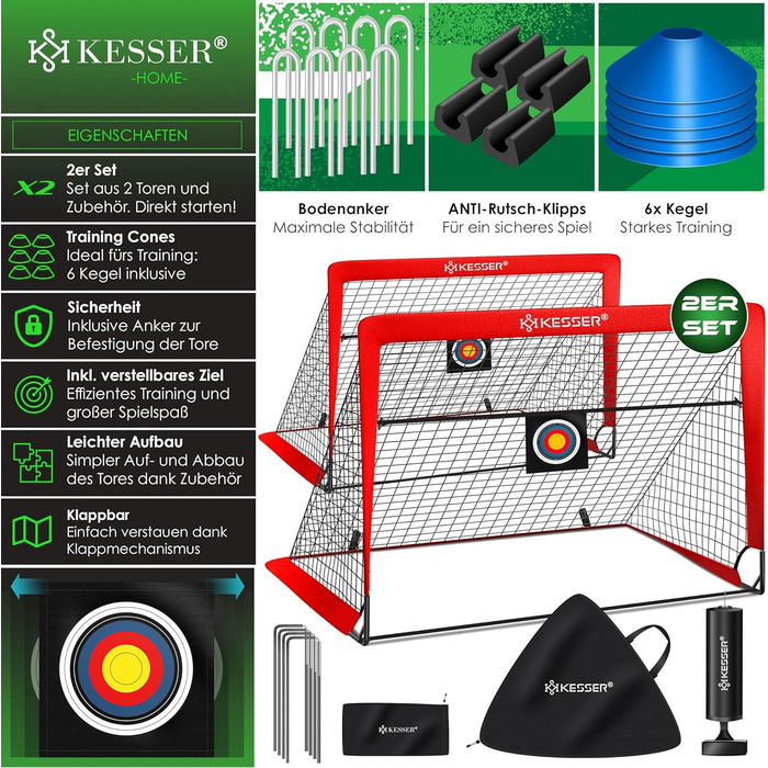 Ворота для футболу KESSER® (2 шт.) з аксесуарами: конуси, мішень, сумка, насос. Ідеальний подарунок для дітей, для гри в приміщенні та на вулиці.
