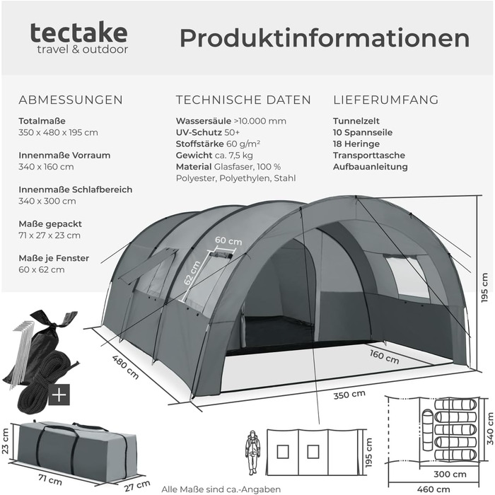 Намет Tectake Tunnelzelt для 6 осіб, сімейний, з тамбуром та підлогою, захист від UV-випромінювання, кемпінговий намет з сумкою для транспортування, 350x480x195 см, темно-сірий/світло-сірий