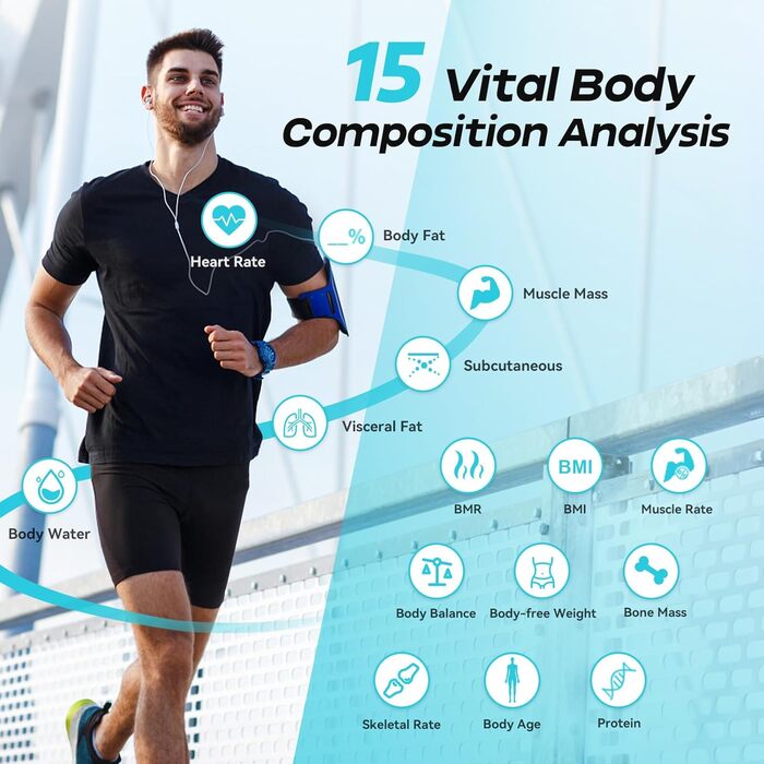 Електрична вага для вимірювання жиру та м'язової маси CHWARES. Цифрова вага з аналізом складу тіла, великий дисплей, 15 показників, до 180 кг, чорний колір