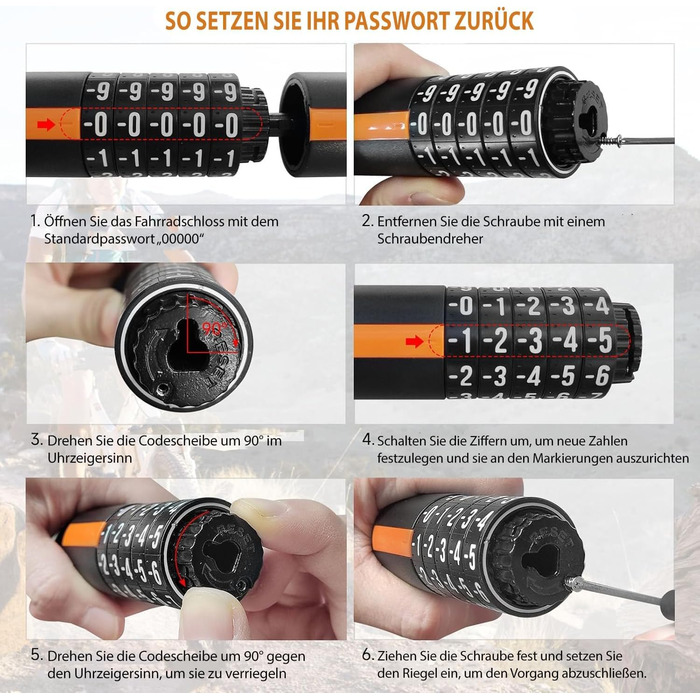 Надійне велозамок HiiPeak з 5-значним кодом, 94 см, 7 мм, для велосипеда, мотоцикла, грилю, чорний